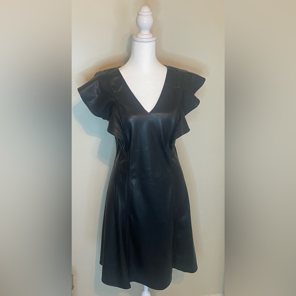 GAP, Vegan Leather, Flutter Sleeve, V-Neck ‎ A-Line Mini Dress, Black Sz 10 Tall - Picture 4 of 15